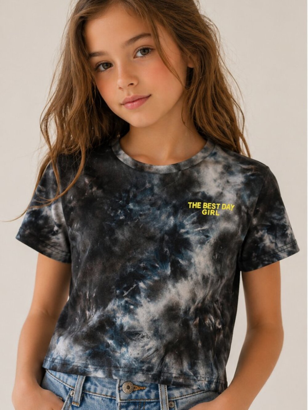 SHEIN Girls Size 8Y Black Gray Tie Dye Cropped Graphic T-Shirt